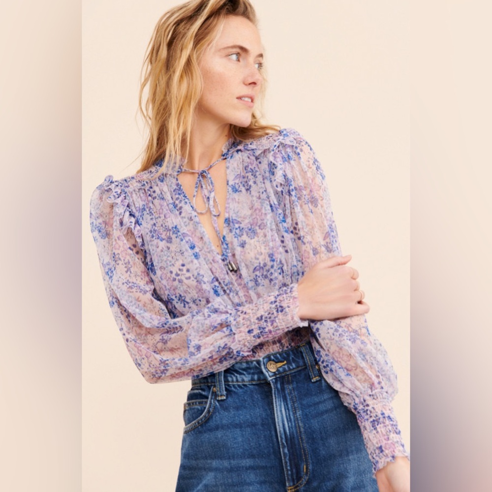 Free People Twyla Printed Top Sheer lilac purple floral